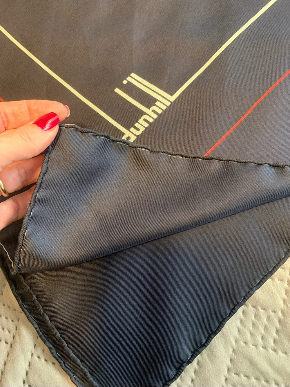 $450 Dunhill Silk Navy Square Scarf with Red and white border made in Italy